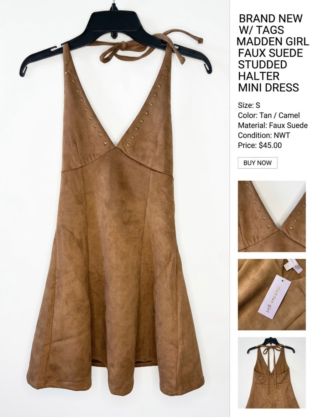 NWT Madden Girl Tan Faux Suede Studded Halter Dress. Size Small.